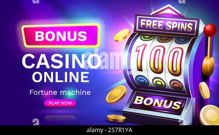 Slots Free Spins 100, Promo Flyer Poster, Bannerspiel spielen. Vektor. Slots Free Spins 100, Promo Flyer Poster, Bannerspiel spielen. Vektorabbildung Stock Vektor