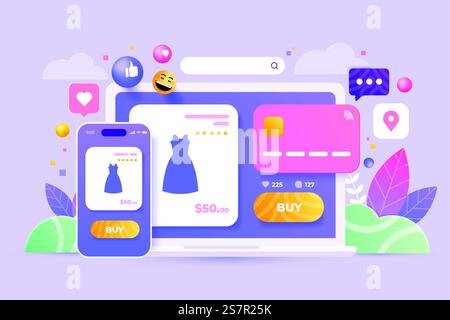 3D-Illustration Online-Shopping, Online-Shop, Online-Zahlungskonzept mit schwimmenden Elementen. Rabattbanner mit 3D-Rendering. Vektorabbildung. Stock Vektor