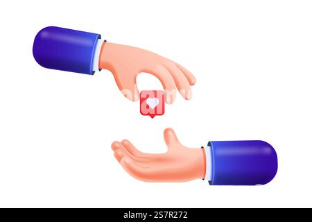 3D-Zeichentrickhand verleiht einer anderen Hand eine rote Herzblase auf weißem Hintergrund. Social-Media-Konzept. 3D-Vektor-Illustration Stock Vektor