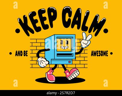 Lustige Zeichentrickfigur des PC-Computers. Kann als Aufkleber, Poster, Drucke verwendet werden. Die Comic-Elemente im trendigen Retro-Cartoon-Stil. Vektorabbildung Stock Vektor