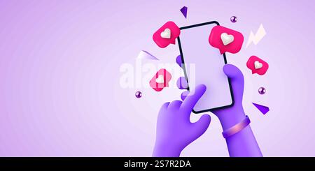 Niedliches Handheld-Smartphone mit 3D-Zeichentrickfilm und Symbolen für „gefällt mir“-Benachrichtigungen. Social Media und Marketingkonzept. Vektorabbildung. Niedliches Handheld-Smartphone mit 3D-Zeichentrickfilm und Symbolen für „gefällt mir“-Benachrichtigungen. Social Media und Marketingkonzept. Stock Vektor
