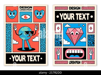 Retro-Poster oder Banner im Comic-Stil der 80er-90er-Jahre mit modischen Aufnähern, Pins und Stickern. Kann in Cover Design, Buchdesign, CD Cover, Werbung, Poster und Grußkarten verwendet werden. Vektorabbildung Stock Vektor