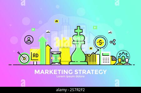 Dünne Linie glatter Verlauf flaches Design Banner der Marketingstrategie für Websites und mobile Websites, einfach zu bedienen und in hohem Maße anpassbar. Modernes Vektor-Illustrationskonzept, isoliert auf weißem Hintergrund. Stock Vektor