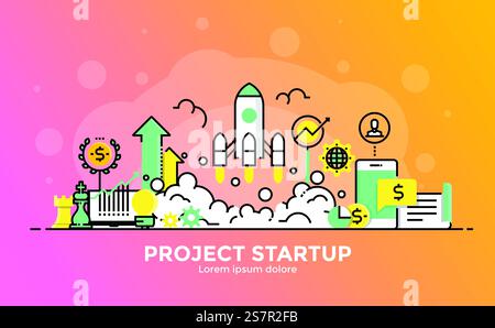 Dünne Linie glatter Verlauf flaches Design-Banner von Project Startup für Websites und mobile Websites, einfach zu bedienen und in hohem Maße anpassbar. Modernes Vektor-Illustrationskonzept, isoliert auf weißem Hintergrund. Stock Vektor