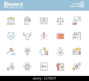 Set mit flachen Symbolen für Finanzthema, geeignet für mobile Konzepte, Webanwendungen, Printmedien und Infografiken. Vektorabbildung Stock Vektor