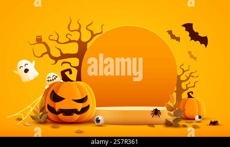 Halloween Orange Produktpräsentation Podium mit Kürbissen, Fledermäusen und Geistern. Vektorabbildung. Halloween Orange Produktpräsentation Podium mit Kürbissen, Fledermäusen und Geistern. Stock Vektor