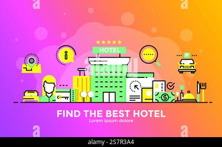 Dünne Linie glatter Verlauf flaches Design-Banner zur Suche nach dem besten Hotel für Websites und mobile Websites, einfach zu bedienen und in hohem Maße anpassbar. Modernes Vektor-Illustrationskonzept, isoliert auf weißem Hintergrund. Stock Vektor