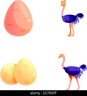 Straußensymbole setzen den Cartoon-Vektor. Straußenvogel und großes Ei. Fauna, größter Vogel. Straußensymbole setzen den Cartoon-Vektor. Straußenvogel und großes Ei Stock Vektor