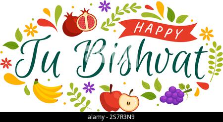 Happy Tu Bishvat Vektor Illustration. Übersetzung das jüdische Neujahr für Bäume. Kinder pflanzten einen Baum im Garten in flachem Cartoon Hintergrund Design Stock Vektor