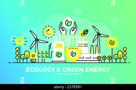 Dünne Linie glatte Verläufe flache Design-Banner von Ecology und Green Energy für Websites und mobile Websites, einfach zu bedienen und in hohem Maße anpassbar. Modernes Vektor-Illustrationskonzept, isoliert auf weißem Hintergrund. Stock Vektor