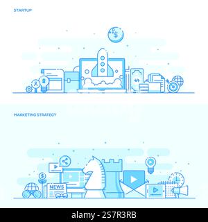 Set mit flachen Farbbannern Design-Konzepten für Startup- und Marketingstrategie. Konzepte Webbanner und gedruckte Materialien. Vektorabbildung Stock Vektor