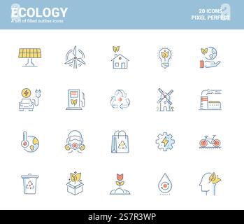 Set mit flachen, mit Linien gefüllten Symbolen für das Thema „Ökologie“, geeignet für mobile Konzepte, Webanwendungen, Printmedien und Infografik-Projekte. Vektorabbildung Stock Vektor
