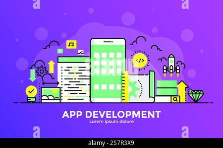 Dünne Linie glatte Verläufe flache Design-Banner für Apps Development für Websites und mobile Websites, einfach zu bedienen und in hohem Maße anpassbar. Modernes Vektor-Illustrationskonzept, isoliert auf weißem Hintergrund. Stock Vektor