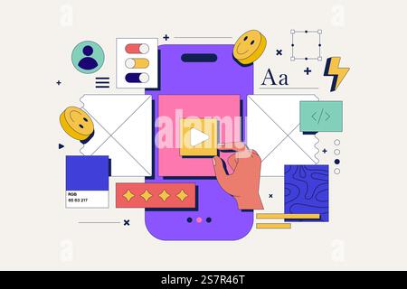 Anwendungsentwicklungskonzept mit UI UX Elements Collage für Webbanner OP Poster. Kann als Kopfzeile oder als Socila-Medienpost verwendet werden. Vektorabbildung Stock Vektor