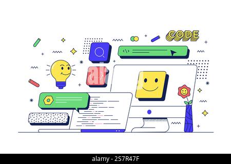 Web-Entwicklungskonzept. Tabelle mit Computer und zugehörigen Symbolen. Flache Linie im Cartoon-Stil der 90er Jahre. Vektorabbildung Stock Vektor