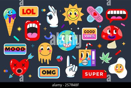 Satz verschiedener Patches, Stifte, Stempel oder Aufkleber. Abstrakte lustige, süße Comic-Charaktere. Verschiedene Sätze und Wörter. Handgezeichneter trendiger Cartoon-Stil. Vektorabbildung Stock Vektor