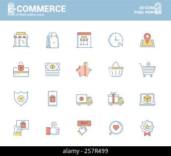 Set mit flachen, ausgefüllten Symbolen für E-Commerce-Themen, geeignet für mobile Konzepte, Webanwendungen, Printmedien und Infografik-Projekte. Vektorabbildung Stock Vektor