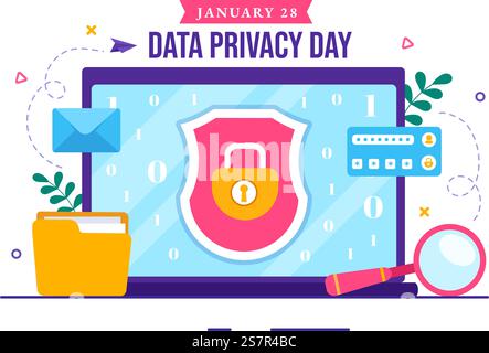 Data Privacy Day Vector Illustration am 28. Januar mit Sperre auf dem Bildschirm für Shield Information Document in Flat Cartoon Hintergrund Design Stock Vektor