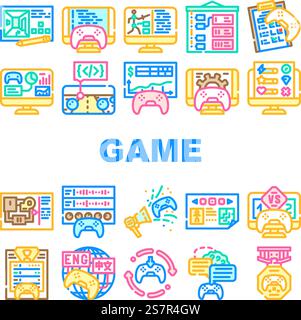 Symbole für Spieleentwicklungssoftware legen den Vektor fest. Computerbildschirm, Industrietechnologie, Büromitarbeiter, junger Code, Programmentwickler, Spieleentwicklungssoftware, farbige Illustrationen. Symbole für Spieleentwicklungssoftware legen den Vektor fest Stock Vektor
