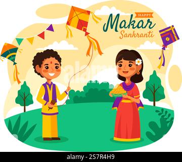 Makar Sankranti Vektor-Illustration. Übersetzung das Erntefest. Indisches fest mit fliegenden bunten Kites und Schnur Spulen in flachem Hintergrund Stock Vektor