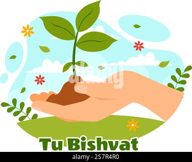 Happy Tu Bishvat Vektor Illustration. Übersetzung das jüdische Neujahr für Bäume. Kinder pflanzten einen Baum im Garten in flachem Cartoon Hintergrund Design Stock Vektor