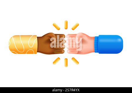 Zwei Hände Fäuste schlagen sich gegenseitig. Cartoon-Figuren Hände Faust Geste. Business-Symbol. Stärke- oder Protestclips isoliert auf weißem Hintergrund. Kämpfen Sie für Ihre Rechte. 3D-Vektor-Illustration Stock Vektor