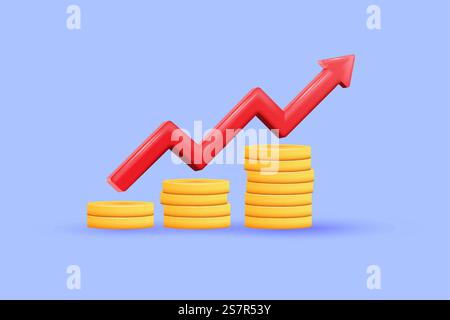 Rot-nach-oben-Pfeil und Münzstapel auf pastellfarbenem Hintergrund. Finanzieller Erfolg und Wachstumskonzept. 3D-Vektor-Illustration Stock Vektor