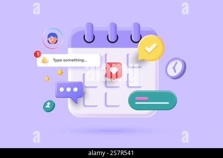 Kalendersymbol und zugehörige Symbole im minimalen Cartoon-Design. Tag Monat Jahr Zeit Konzept. Auf violettem Hintergrund. Vektor-3D-Illustration Stock Vektor