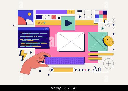 Webentwicklung, Web-Design-Konzept mit UI UX Elements Collage für Web-Banner-OP-Poster. Vektorabbildung Stock Vektor