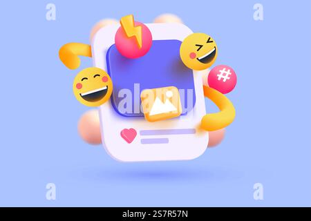 3D Social Media Online-Plattform Konzept, soziale Online-Kommunikation über Anwendungen, Bilderrahmen mit Emoji-Symbol, Hashtag und Beleuchtung in rosa Blasensymbolen. 3D-Vektor-Renderkonzept Stock Vektor