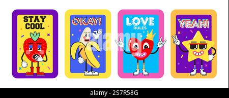 Lustige Zeichentrickfiguren. Aufkleberpackung, Poster, Ausdrucke. Sammlung von Erdbeeren, Bananen, Herz und Stern. Set aus Comic-Elementen im trendigen Retro-Cartoon-Stil. Vektorabbildung Stock Vektor