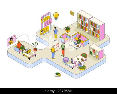 Isometrische Darstellung des Expertenteams für Datenanalyse, Geschäftsstatistik, Management, Consulting, Marketing. Kommunikation und zeitgenössisches Marketing. Unternehmensmitarbeiter arbeiten zusammen. Vektorabbildung Stock Vektor