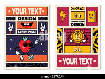 Retro-Poster oder Banner im Comic-Stil der 80er-90er-Jahre mit modischen Aufnähern, Pins und Stickern. Kann in Cover Design, Buchdesign, CD Cover, Werbung, Poster und Grußkarten verwendet werden. Vektorabbildung Stock Vektor