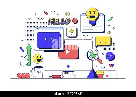 Digitales Marketingkonzept. Tabelle mit Computer und zugehörigen Symbolen. Flache Linie im Cartoon-Stil der 90er Jahre. Vektorabbildung Stock Vektor