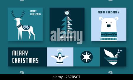 Elegante Grußkarten und Banner zu Weihnachten und Neujahr. Schlichter trendiger Stil. Cover-, Einladungs- oder Posterdesign. Vektorabbildung. Stock Vektor