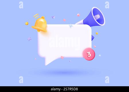 3D-Sprach-Blasenmeldung mit Megaphone- und Bell-Benachrichtigung. Abonnieren und Newsletter-Konzept. Bannervorlage mit leerem Kopierbereich für die Hochstufung. Leeres Modell. Popup-Fenster „Erinnerung“. 3D-Vektor-Illustration Stock Vektor