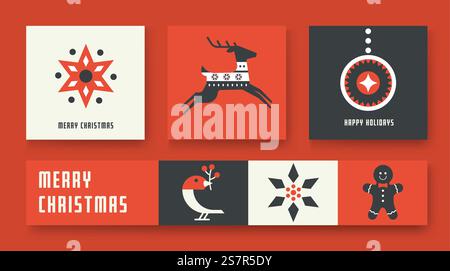 Elegante Grußkarten und Banner zu Weihnachten und Neujahr. Schlichter trendiger Stil. Cover-, Einladungs- oder Posterdesign. Vektorabbildung. Stock Vektor