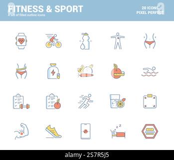 Set mit flachen Symbolen für das Thema Fitness und Sport, geeignet für mobile Konzepte, Webanwendungen, Printmedien und Infografiken. Vektorabbildung Stock Vektor