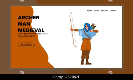 Alter Bogenmann mittelalterlicher Vektor. y männlich, historische Kapuze, Pfeil Ranger Alter Bogenmann mittelalterliche Web Flat Cartoon Illustration. Alter Bogenmann mittelalterlicher Vektor Stock Vektor