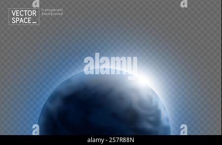 Vektorblauer Planet Erde mit Sonnenaufgang im Raum isoliert auf transparentem Hintergrund. Blaue Globus-Illustration. Sciense Astronomie Designelement. Vektorblauer Planet Erde mit Sonnenaufgang im Raum isoliert auf transparentem Hintergrund. Blaue Globus-Illustration. Sciense Astronomie-Designelement Stock Vektor