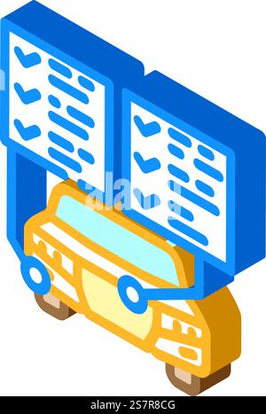 Isometrischer Isometrie-Iconvektor für Fahrzeuginspektionsmechanik. Schild mit Mechaniker für die Fahrzeugkontrolle. Isolierte Symboldarstellung. Isometrie Isometrie Isometrie Vektorillustration der Fahrzeuginspektion Stock Vektor