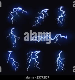 Realistische Beleuchtung. Funken im Gewitterlicht, Sturmblitz, Gewitterblitz. Energieladung, elektrische Spannung elektrische Symbole, blau leuchtendes Symbol, Vektor isoliert auf schwarzem Hintergrund. Realistische Beleuchtung. Funken im Gewitterlicht, Sturmblitz, Gewitterblitz. Energieladung, Symbole für elektrische Spannung, blau leuchtendes Symbol, Vektor isoliert auf schwarzem Hintergrund Stock Vektor