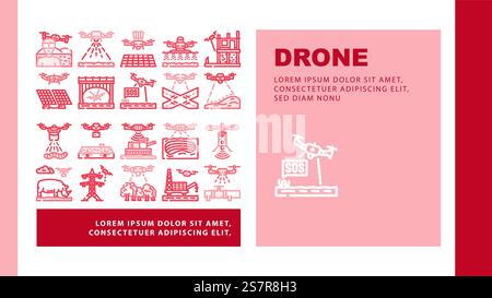 Drohnen verwenden Technologie-Landing-Webseiten-Vektor. Landwirtschaftsbetrieb, intelligente Kamera, Landwirt modern, präzise digital, Feld, Roboter-Bodendrohne verwenden Technologie Illustration. Drohnen verwenden Technologie-Landekopf-Vektor Stock Vektor
