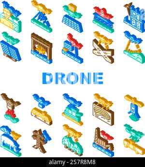 Drohnen verwenden Technologiesymbole legen den Vektor fest. Landwirtschaftsbetrieb, intelligente Kamera, Landwirt modern, präzise digital, Feld, Roboter-Bodendrohnen verwenden Technologie isometrische Schilderabbildungen. Drohnen verwenden Technologiesymbole legen den Vektor fest Stock Vektor