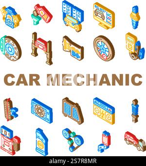 Autokechaniker stellen den Vektor ein. Werkstattreparatur, Wartung, Techniker, man Werkstatt, Motor, Illustrationen des Autohymmetrischen Autohemechanikers. Autokechaniker stellen den Vektor ein Stock Vektor