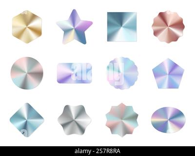 Holographische Etiketten. Runde Glitzeraufkleber mit Neon-Farbverlauf aus Metall, schillernder Kreis- und quadratischer Folienaufkleber, mehrfarbige, geometrische, unbeschriftete und garantierte Abzeichen. Vektor-isolierter Satz. Holographische Etiketten. Runde, metallische Glitzeraufkleber mit Farbverlauf, schillernde kreisförmige und quadratische Anhänger, mehrfarbige, geometrische, unbeschriftete, garantierte Abzeichen. Vektor-isolierter Satz Stock Vektor