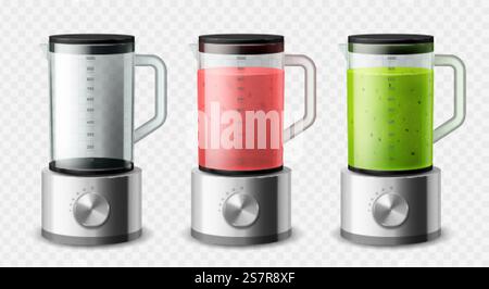 Realistischer Mixer. Isolierter 3D-Stahl-Mixer leer und mit verschiedenen Arten Frucht Entgiftungs-Smoothies, Küchengeräte, Kochgeräte, Küchengeräte für Lebensmittel, Haushaltsgeräte. Vektor-isolierter Satz. Realistischer Mixer. Isolierter 3D Stahl Mixer leer und mit verschiedenen Arten Frucht Detox Smoothies, Küchengeräte, Kochen Lebensmittel Elektronik Ausrüstung, Küchengeräte Vektor isoliertes Set Stock Vektor