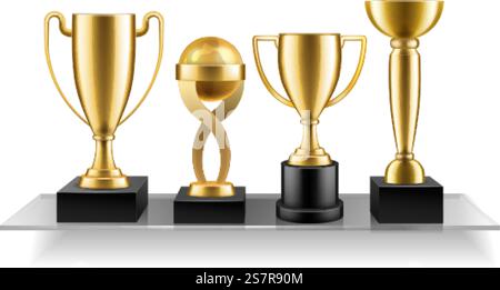 Trophäe für Tasse auf Regal. Golden Cup Awards auf Glasregalen. Wettbewerbe Gewinner Awards. Metallic-Preis für Meisterschaft und Business Achievement. Vektorführung und Erfolg realistische isolierte Illustration. Trophäe für Tasse auf Regal. Golden Cup Awards auf Glasregalen. Wettbewerbe Gewinner Awards. Metallic-Preis für Meisterschaft und Business Achievement. Vektorrealistische isolierte Illustration Stock Vektor