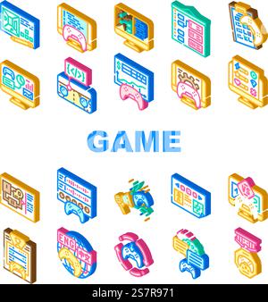 Symbole für Spieleentwicklungssoftware legen den Vektor fest. Computerbildschirm, Industrietechnologie, Büromitarbeiter, junger Code, Programmentwickler, Spieleentwicklungssoftware, isometrische Schilderillustrationen. Symbole für Spieleentwicklungssoftware legen den Vektor fest Stock Vektor
