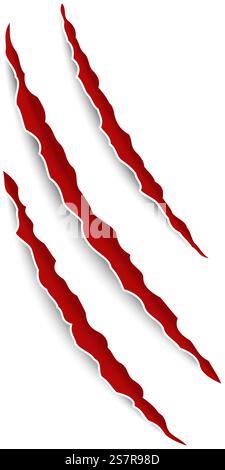 Klauen Sie Tierspuren. Drei Krallen Kratzer. Katzen- oder Tigernägel, Bär- oder Löwenangriff, halloween Monster-Riss Dekor Element, rote Blut scharfe Wunden Silhouette. Vektor auf weißer Illustration isoliert. Klauen Sie Tierspuren. Drei Krallen Kratzer. Katzen- oder Tigernägel, Bär- oder Löwenangriff, halloween Monster-Riss Dekor Element, rote Blut scharfe Wunden Silhouette. Vektor-isolierte Abbildung Stock Vektor